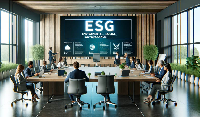 Company team is working on definig ESG criteria for the company in a big office room with a big monitor in front of them.